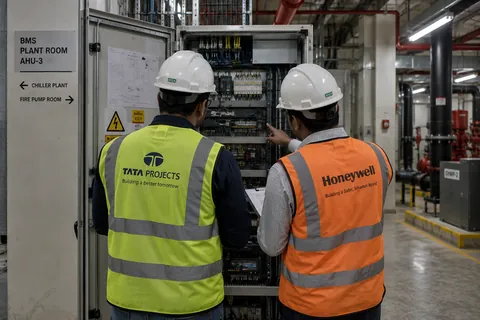 Two engineers at an open BMS panel outside a plant room, one in a Tata Projects hi-vis vest and one in a Honeywell vest, working through the wiring together.