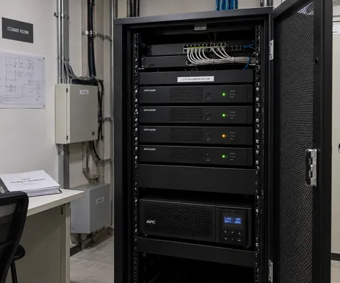 An equipment rack in a plant room, amplifiers and a controller stacked behind an open door.