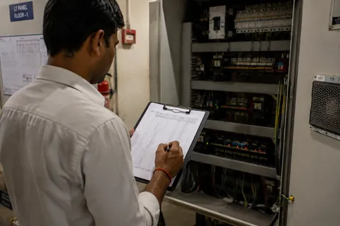 An engineer at an open low-voltage panel, writing readings onto a checklist on a clipboard.