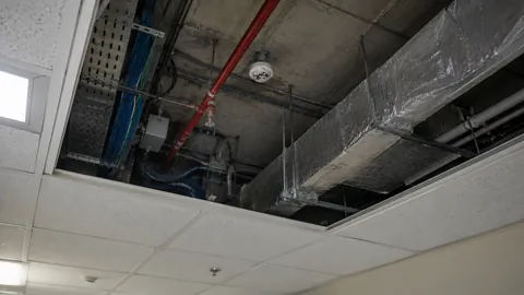 A ceiling void above a suspended grid, cable containment and services crossing each other.