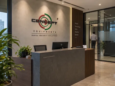 The Concept Equipments reception, the company name and logo set on the wall behind an empty desk.
