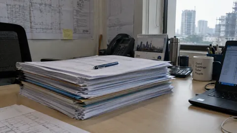 A stack of drawing sets and site files on a desk beside a laptop, with a window over the city behind.
