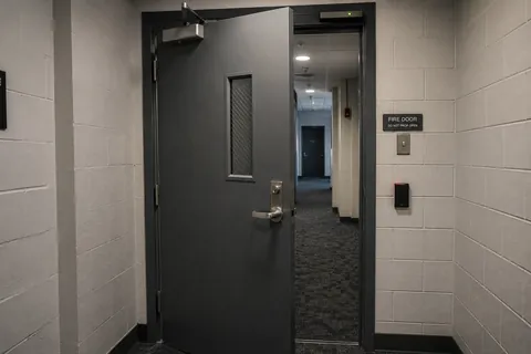 A fire door standing open on a corridor, the reader and the door contact visible on the frame.