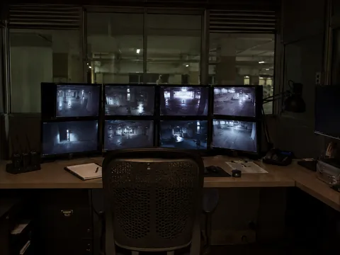 A control desk facing a wall of camera views, the operator chair empty and a logbook on the desk.