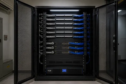 An open network cabinet, patch panels above and switches below, blue patch leads dressed down one side.
