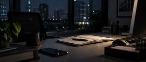 A desk at night lit by a single lamp, a monitor, a notebook and a pen left open on the page.