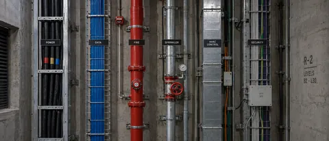A services riser, colour-coded pipework and conduit running floor to ceiling behind an access panel.