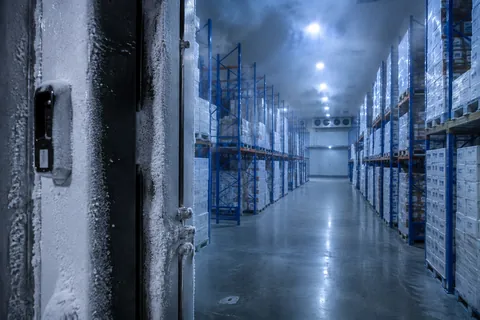 The frosted door of a cold store standing open on an aisle of blue racking, condensation hanging in the light.