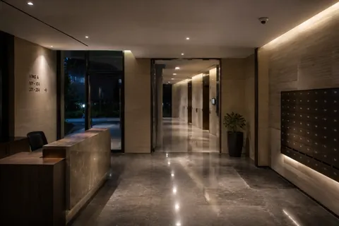 The lobby of a residential tower at night, the concierge desk empty and the entrance doors beyond it.
