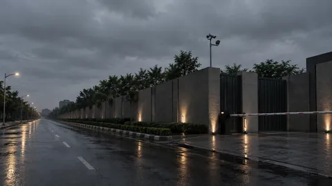 A wet approach road at dusk, the boundary wall lit from below and the barrier down at the entry.