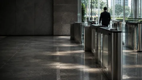 A daylit lobby turnstile line, one person passing through and the rest of the floor empty.